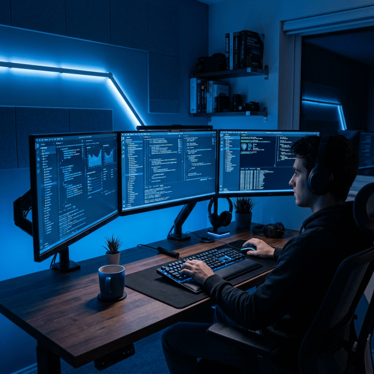 Person coding on three computer monitors with blue ambient lighting