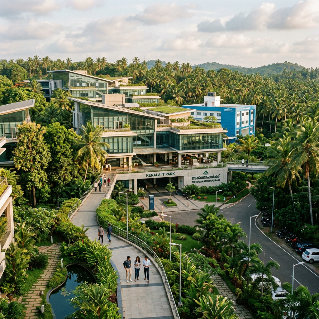 Kerala IT Park Thiruvananthapuram campus surrounded by tropical greenery